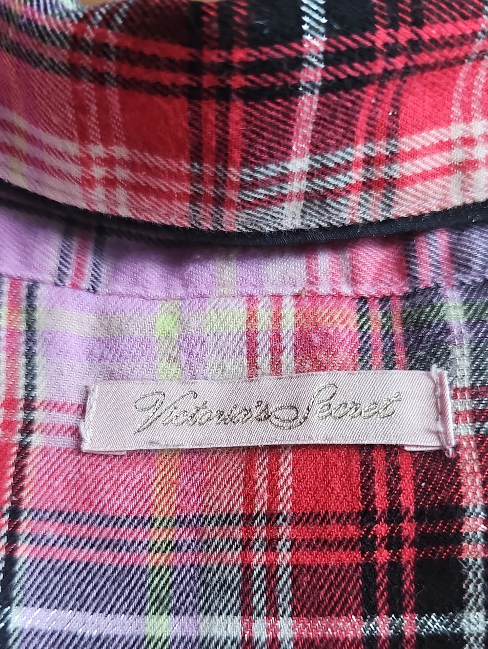 Victoria's Secret Long Slv Button Front Pink Red Plaid Flannel Sleep Dress Med
